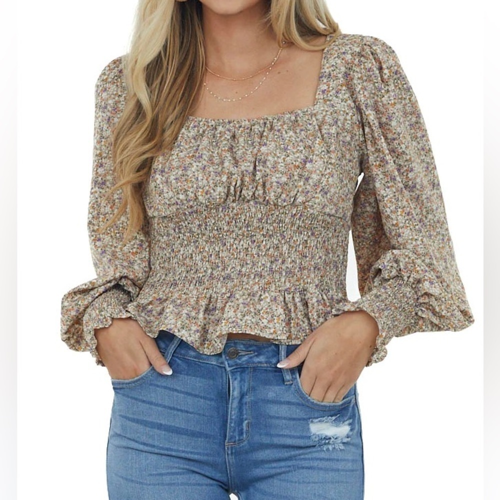 She+Sky Oatmeal Ditsy Floral Smocked Puff Sleeve Peplum Blouse